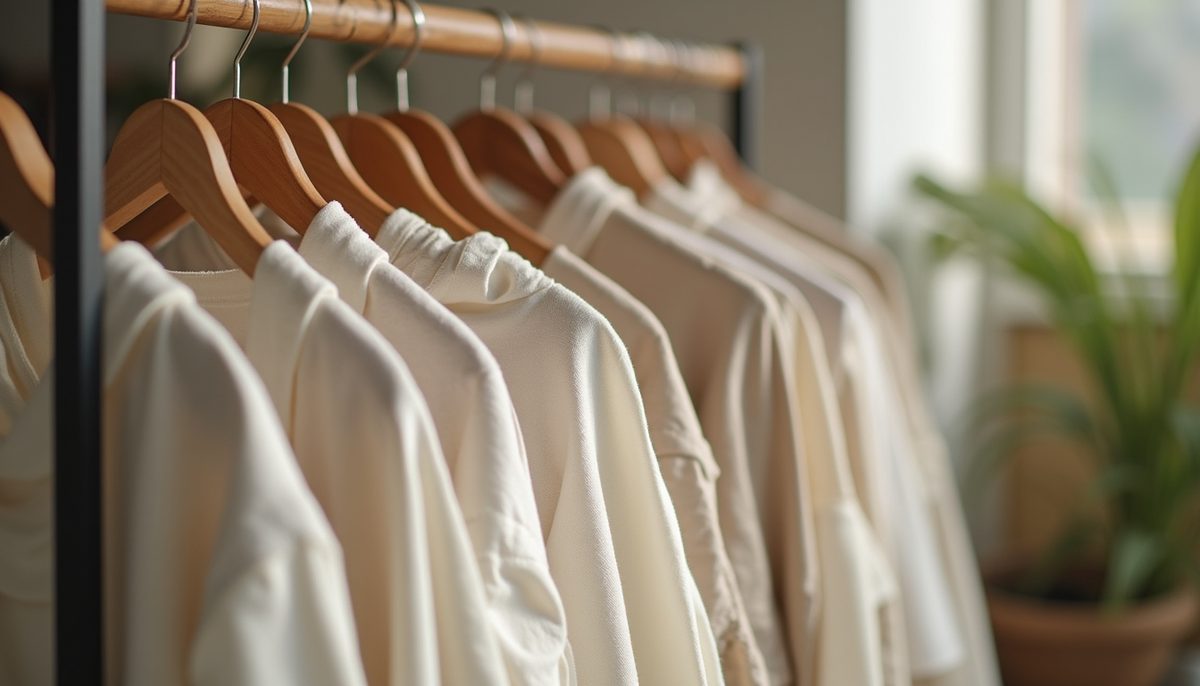 Organic cotton clothes on a clothing rack promoting natural fibers.