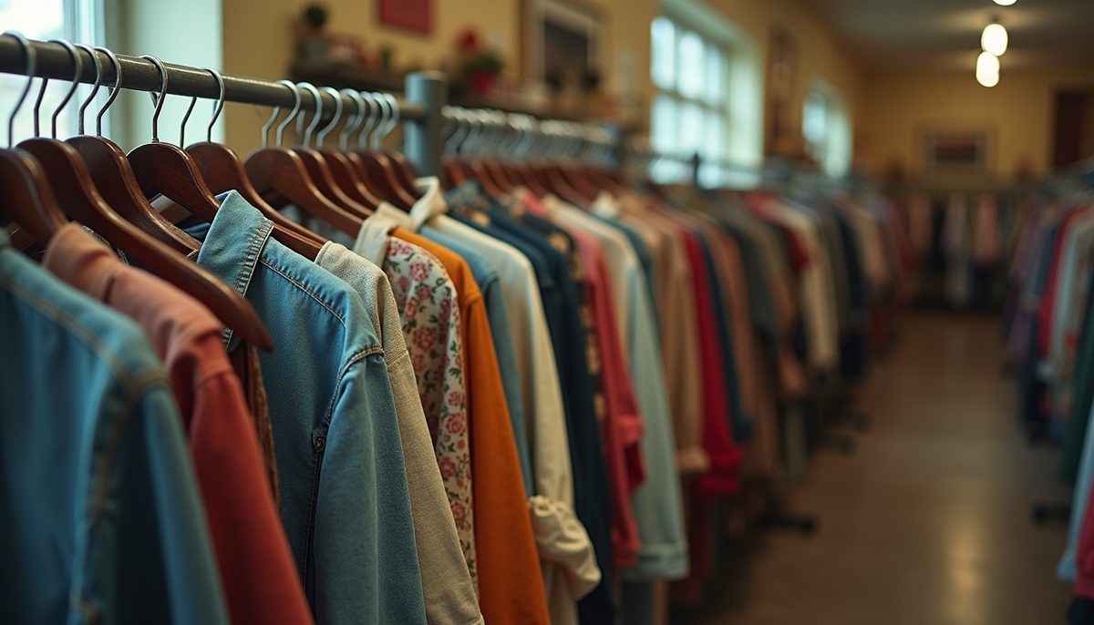 Vintage clothing rack with a variety of unique items in a thrift store