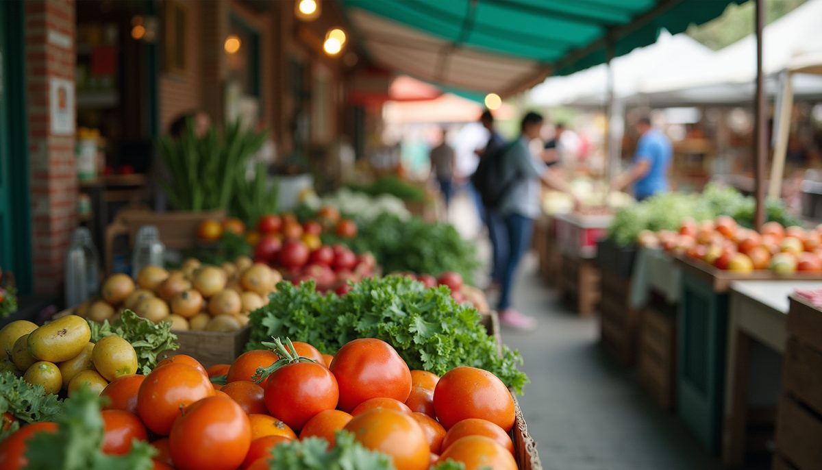 A bustling farmers market showcasing vibrant local produce and handmade items