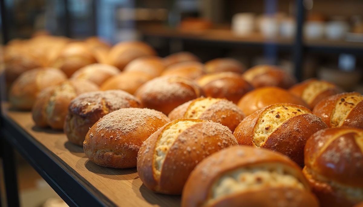 Artisan bakery display featuring various freshly baked breads and pastries
