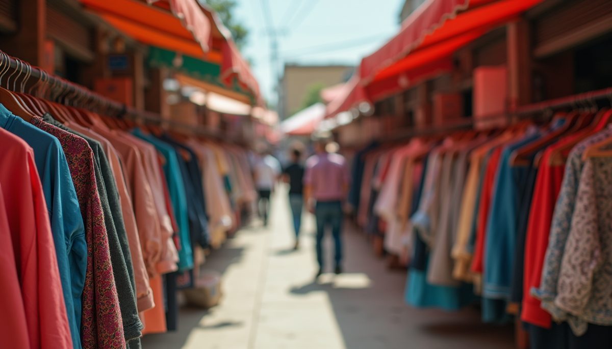 Vibrant local fashion market showcasing various designer creations